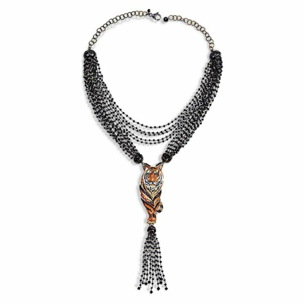 Jeux Félines necklace with black and champagne diamond threads and a micromosaic tiger pendant