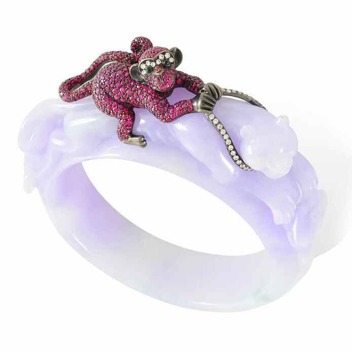 Tiger bangle with a gem-set monkey in pink sapphires and diamonds 