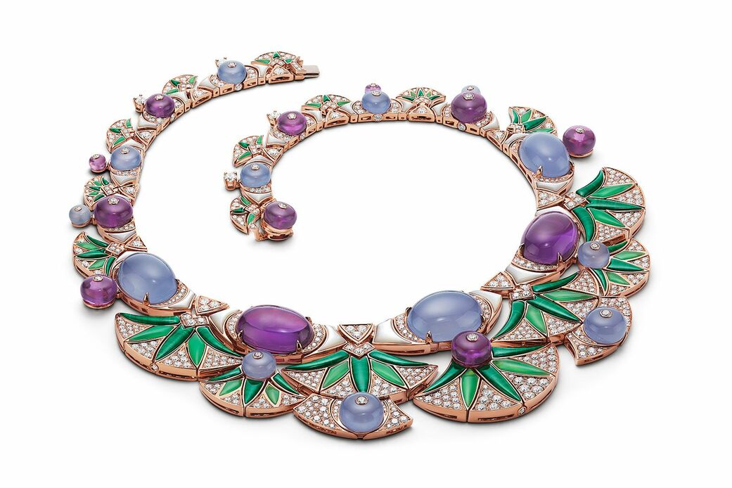 Divas' Dream High Jewellery necklace in pink gold with mother-of-pearl, amethyst beads, chalcedony beads, fancy shape chalcedonies, fancy shape malachites and pavé-set diamonds