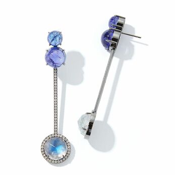 Tanzanite and moonstone Tik Tok earrings in 18k white gold