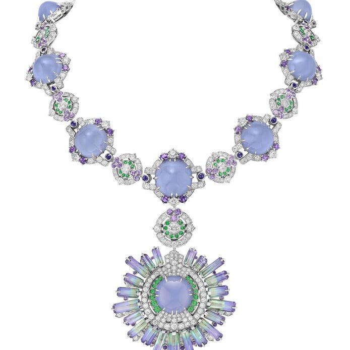Cepheide High Jewellery necklace with chalcedony, tanzanites, diamonds, mauve sapphires and tsavorite garnets