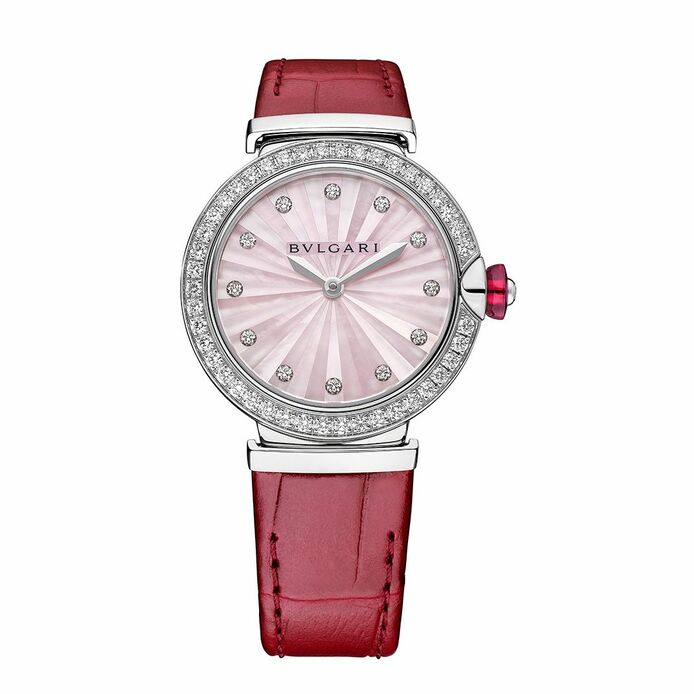 LVCEA watch with pink mother-of-pearl marquetry, diamonds and a synthetic cabochon-cut rubellite