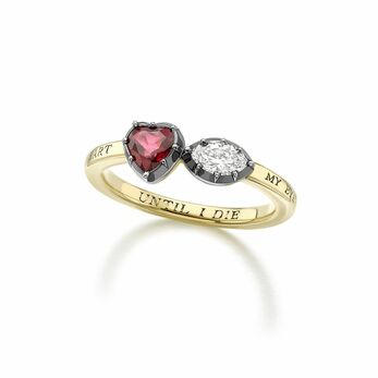 My Heart, My Eye engagement ring set with a 0.45 carat heart-shaped ruby and a 0.26ct marquise-cut diamond 