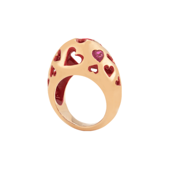 Love Bombe ring in 18K red gold with red enamel and a ruby heart