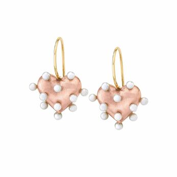 Petite Pin Cushion heart earrings in rose gold with freshwater pearls