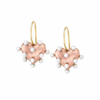 Petite Pin Cushion heart earrings in rose gold with freshwater pearls