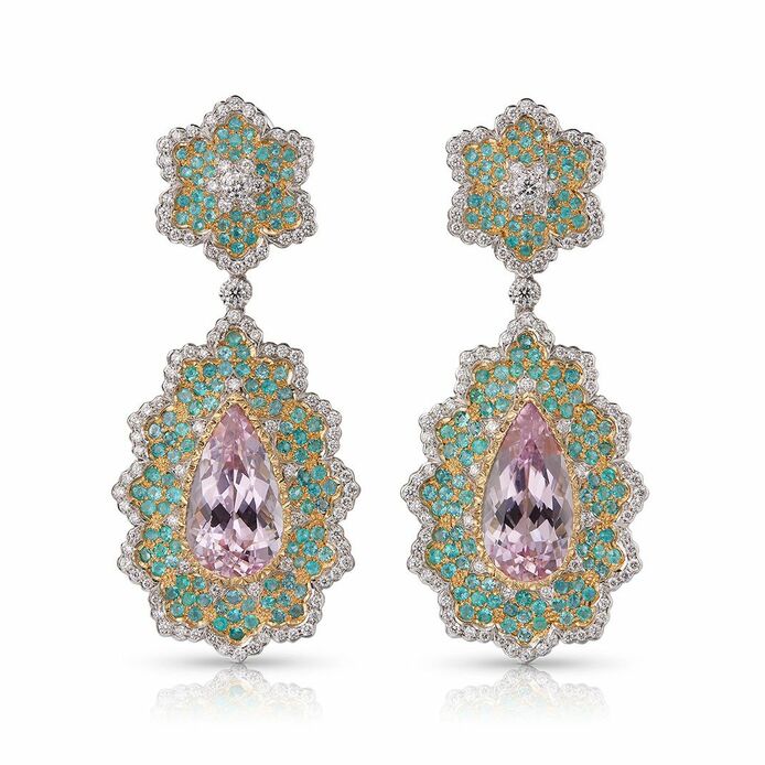 Alyssum cocktail earrings with morganites, paraibas and diamonds