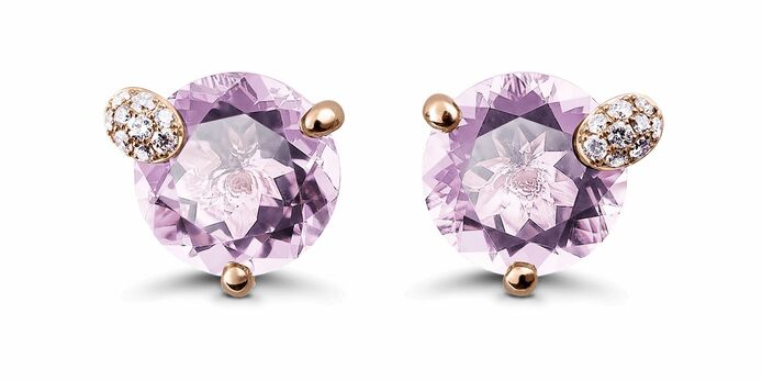Peekaboo earrings in rose gold with two round-cut amethysts and 18 brilliant-cut diamonds