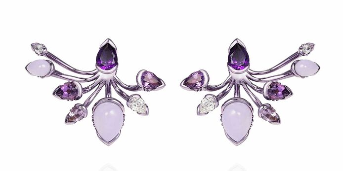 Calyx earrings in lilac coated 18k rose gold with diamonds, amethyst and chalcedony
