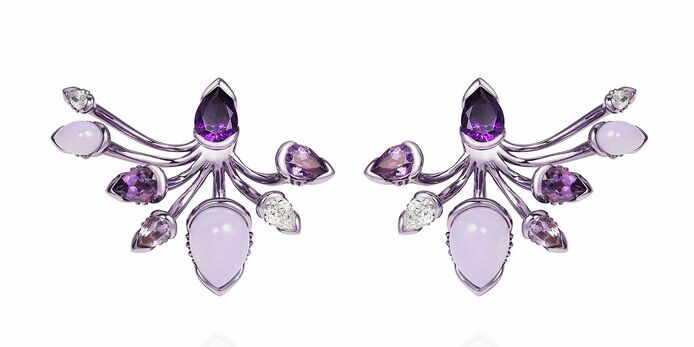 Серьги Calyx из розового золота 18 карат с лиловым покрытием, бриллиантами, аметистами и халцедонами