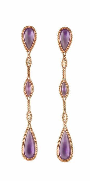 Fluid earrings in18k rose gold with brown diamonds and amethyst