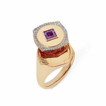 Lovelocket 18k gold ring with a square-cut amethyst and diamonds 