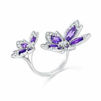 Palm 2 Flower double finger ring with pear shape amethysts, round brilliant and micro-set diamonds