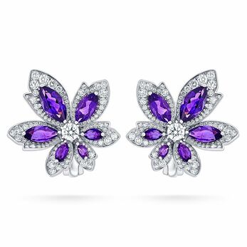 Petite Palm Single Flower earrings with pear-shaped amethysts, round brilliant and micro-set diamonds, set in 18k white gold