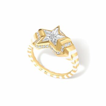 Adams Bone White ring with diamonds and white enamel in 18k yellow gold 