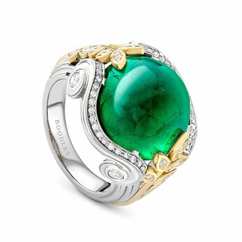Cabochon emerald ring with diamonds in 18k white and yellow gold 