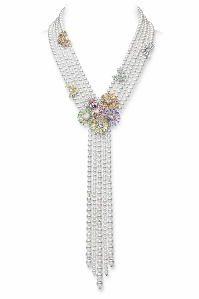 Necklace in pearls, diamonds and coloured gemstones