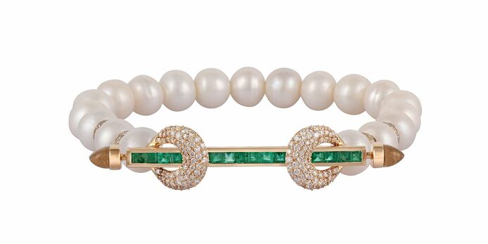 Chakra bracelet in pearls, diamonds, emeralds and yellow gold
