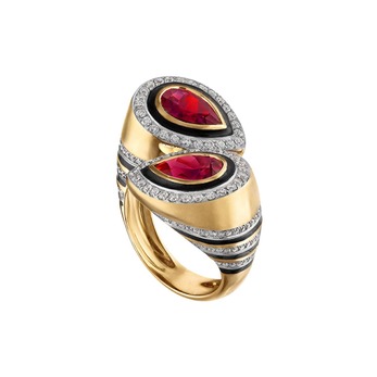 Bypass ring in gold, rubies, enamel and diamonds 
