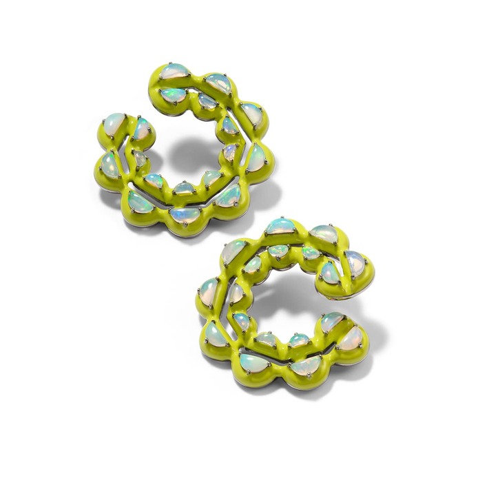 Caterpillar Chartreuse Enameled Bypass hoops in Ethiopian opal, sterling silver, chartreuse enamel and black rhodium finish

