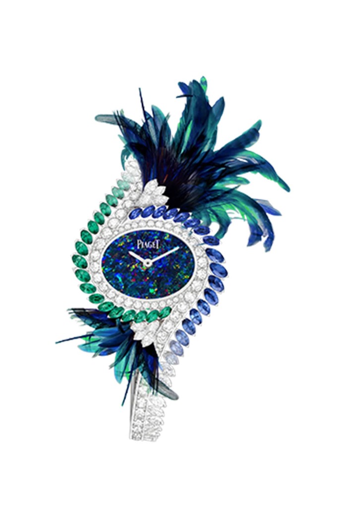 Extravagant Touch Watch with opal dial and feathers created in collaboration with Nelly Saunier