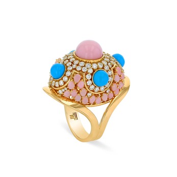 Majestic Qajar pink opal, turquoise and diamond ring 