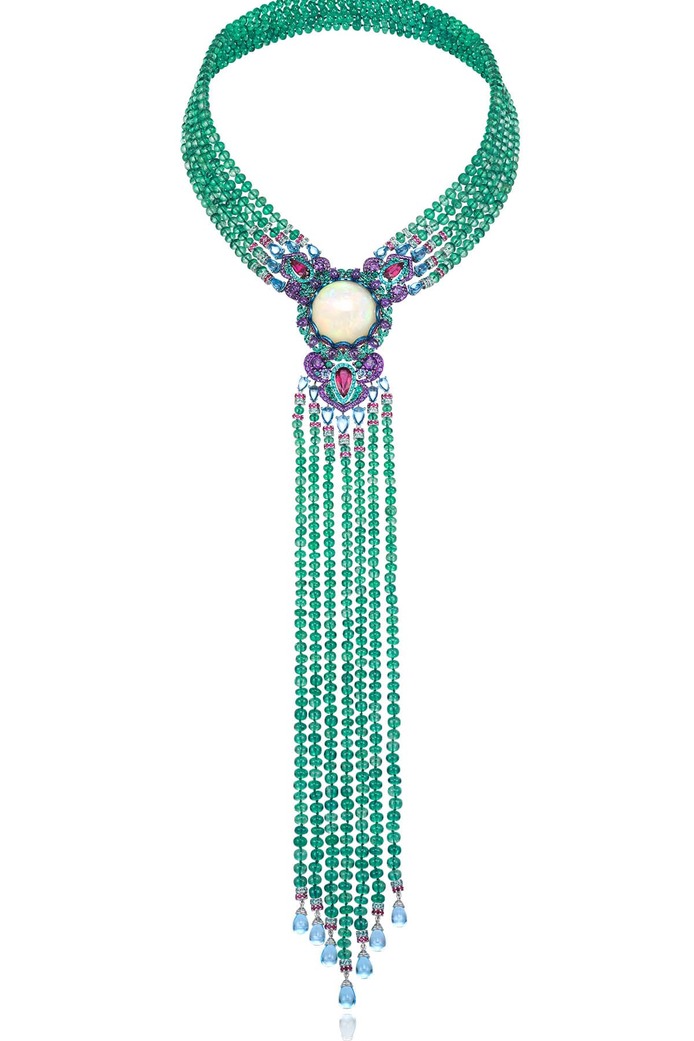 High Jewellery necklace featuring a 29.84-ct cabochon opal, topaz, emerald beads, amethyst, ruby, rubellite, tourmaline (3.90ct) and blue sapphires from The Red Carpet collection 
