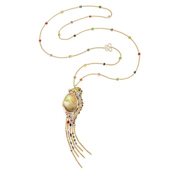 Aurelia Aurita Sautoir necklace featuring an incredibly rare opalised clam shell, multi-coloured sapphires, tsavorites and spessartite garnets