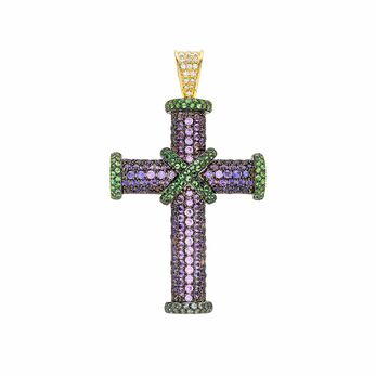 Limited Edition Jazz Cross pendant in yellow gold, purple sapphire, tsavorite and diamond