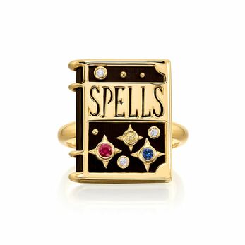 Spells ring in yellow gold, horn, sapphire, ruby and diamond