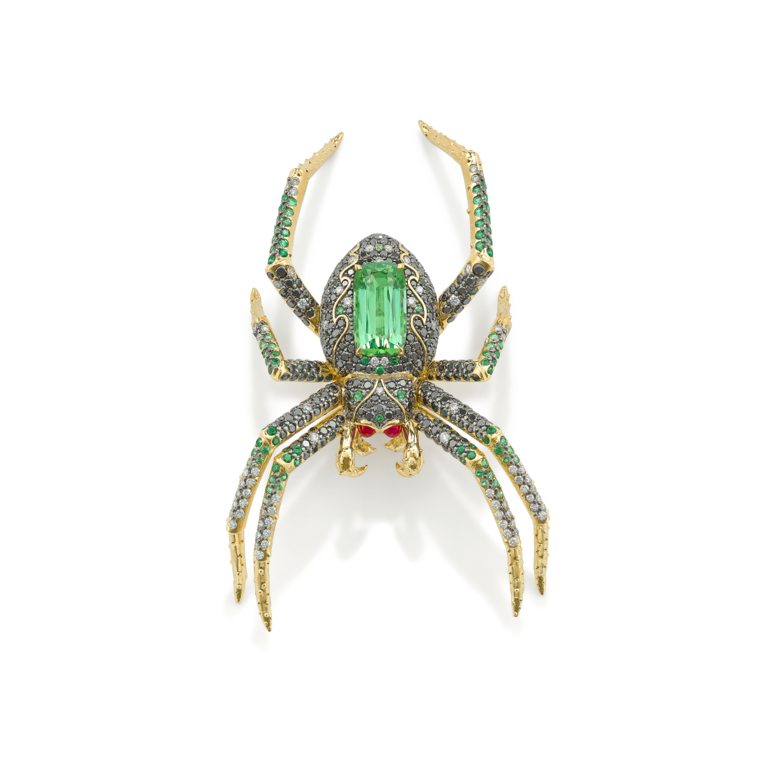 Spider brooch in gold, tourmaline, sapphire and diamond