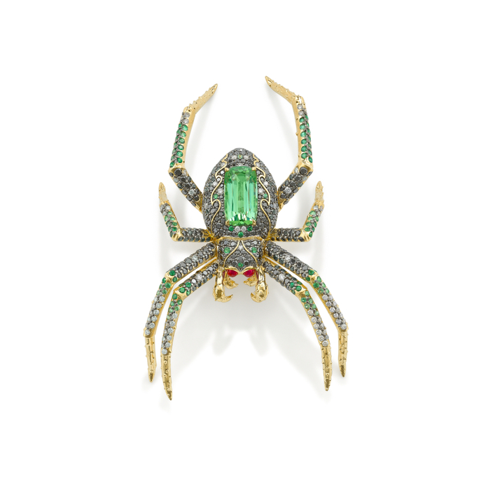  spider brooch in gold, tourmaline, sapphire and diamond
