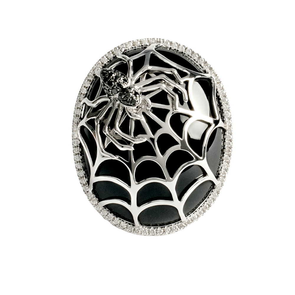 Spider Cameo ring with black and white diamond, 48-carat onyx in 18k white gold