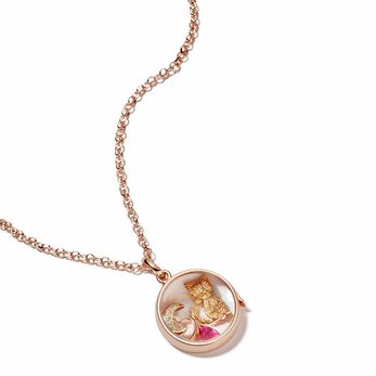 Medium round locket in rose gold, featuring the gold and diamond Kitten Charm, with precious gemstones