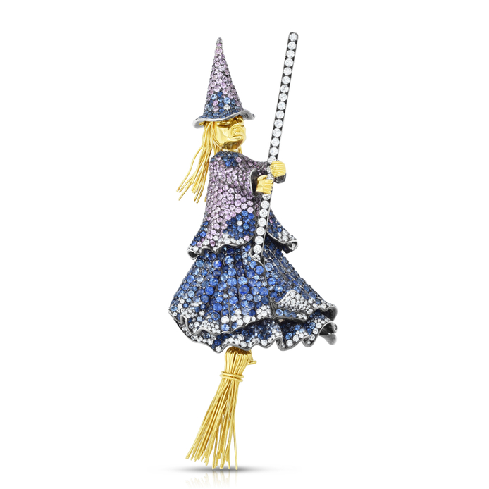 Witch brooch in gold, sapphire and diamond 