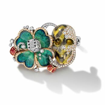 Lucky Scull ring in white gold, yellow gold, hot enamel, painting enamel and diamonds 