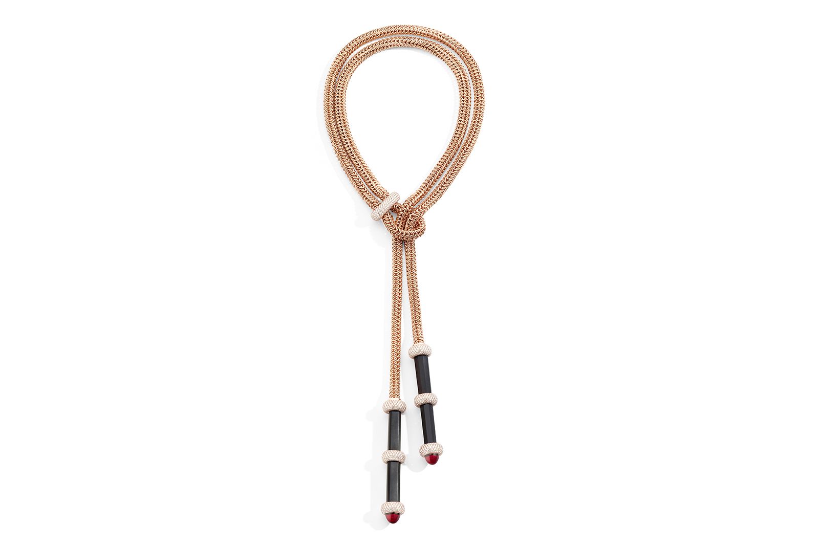 Pomellato Velvet Tie Chain necklace from the La Gioia di Pomellato High Jewellery collection in rose gold, diamond, jet and red garnet