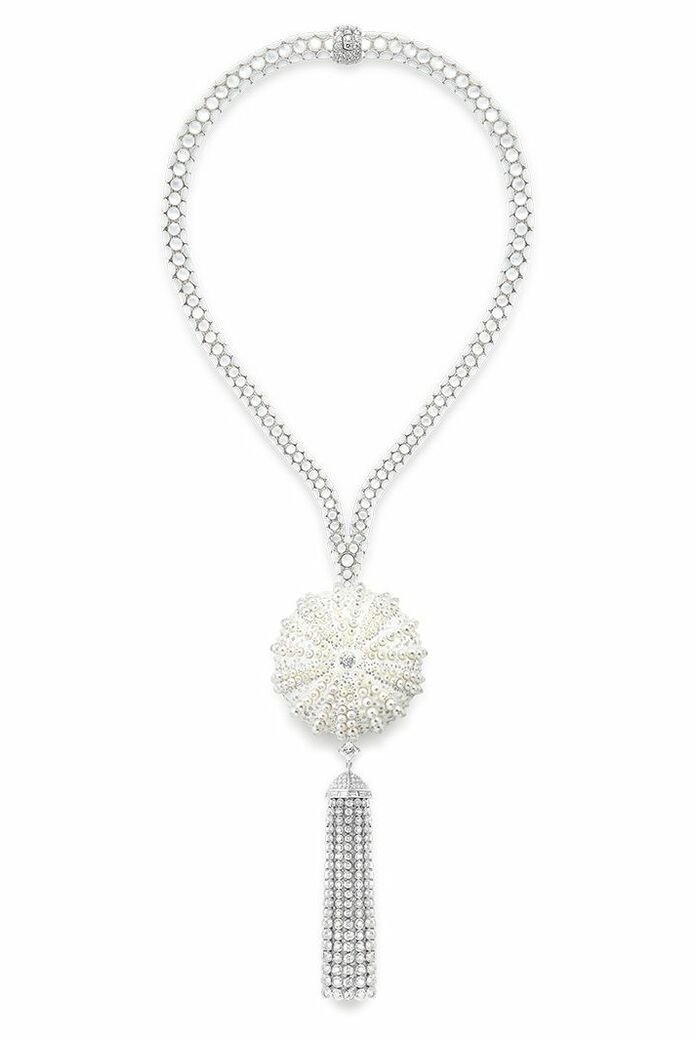 Oursin Diamant High Jewellery necklace  from the Ailleurs High Jewellery collection in pearl, mother of pearl,  diamond, silver and white gold