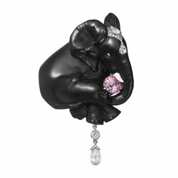 Elephant High Jewellery brooch from the Beautés du Monde High Jewellery collection in petrified magnolia wood, pink sapphire and diamond