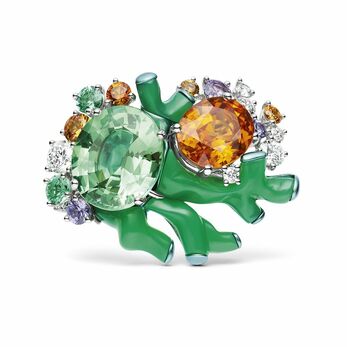 Chasse aux Trésors High Jewellery ring from the Ondes et Merveilles High Jewellery collection in white gold, titanium, chrysoprase, tsavorite garnet, mandarin garnet, purple sapphire, emerald and diamond