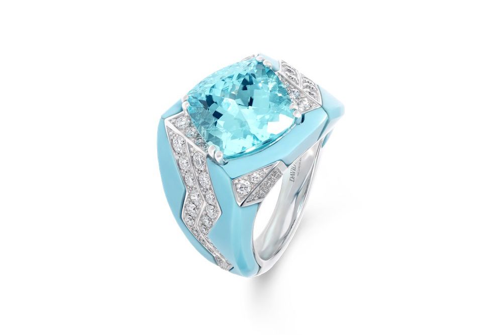 Electra ring from the 60th Anniversary High Jewellery collection set with a 6.75-ct cushion cut Paraiba tourmaline, turquoise and diamonds set in white gold