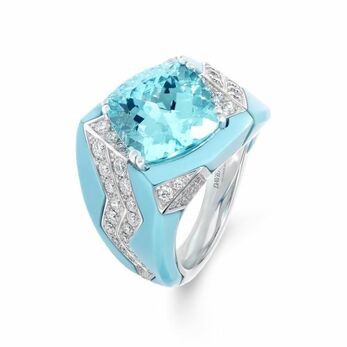 Electra ring from the 60th Anniversary High Jewellery collection set with a 6.75-ct cushion cut Paraiba tourmaline,  turquoise and diamonds set in white gold