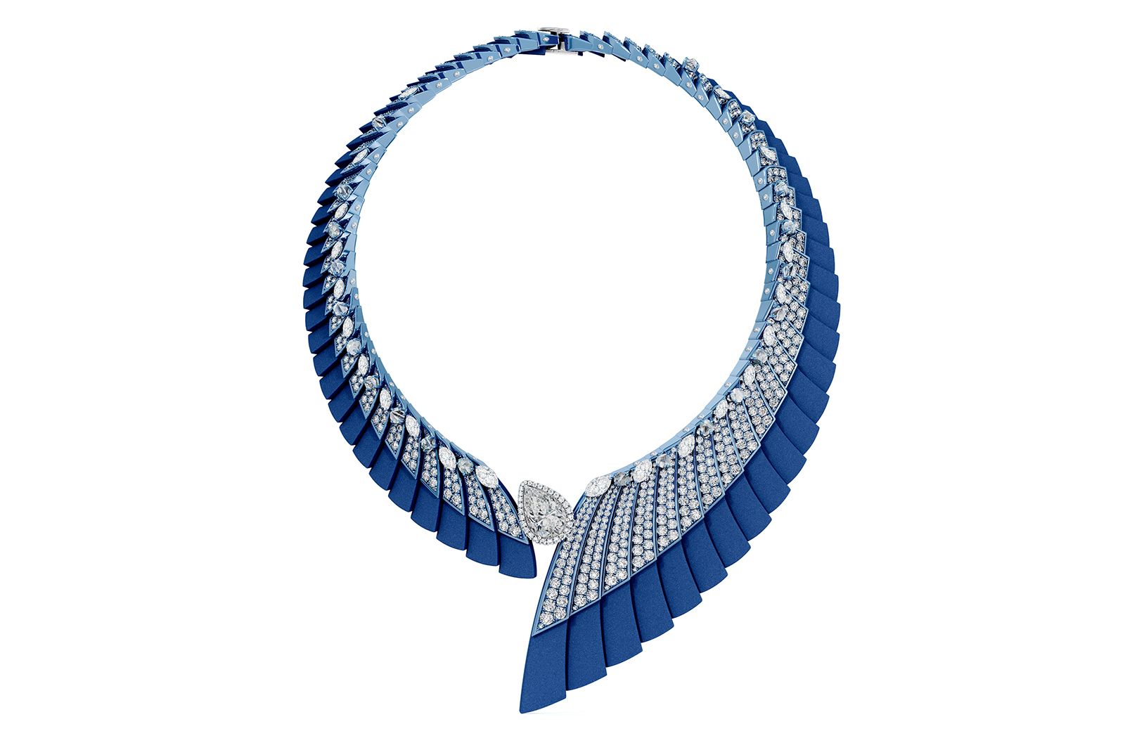 Ascending Shadows necklace from the Alchemist of Light High Jewellery collection in white gold, titanium, aluminium and diamond featuring a 3.41-ct pear-shaped fancy light grey diamond