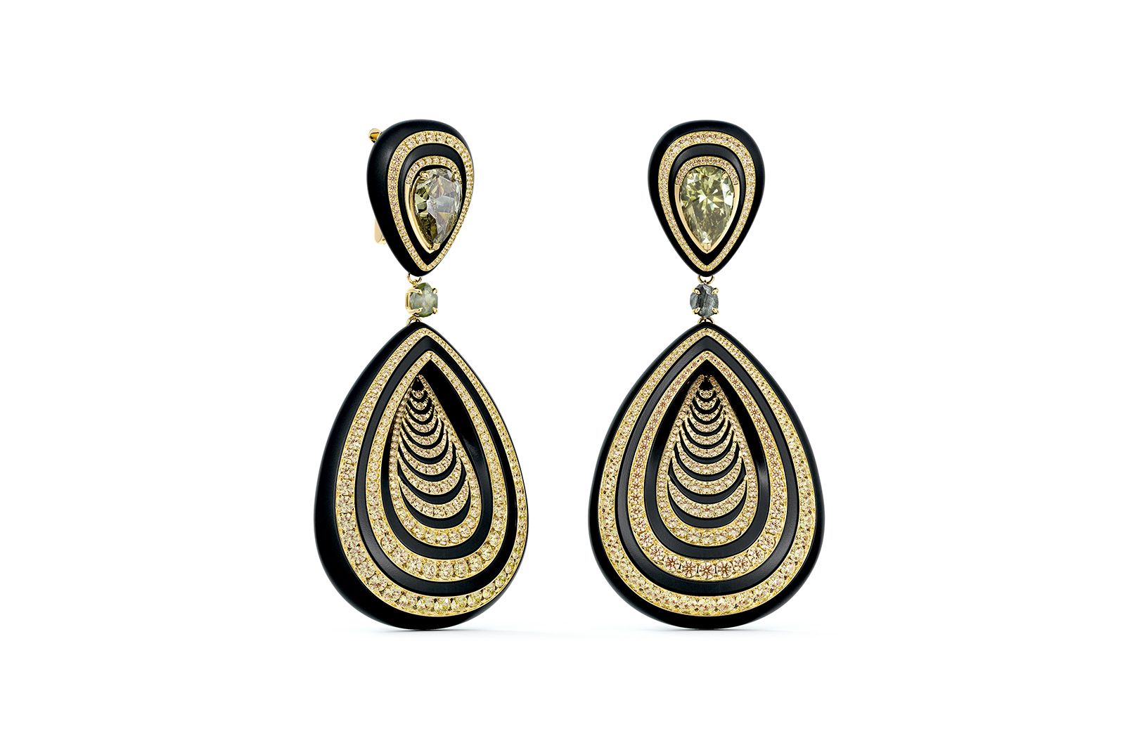 Optical Wonder drop earrings from the Alchemist of Light High Jewellery collection in yellow gold, titanium, fancy deep greenish yellow diamond, and fancy deep yellowish green diamond