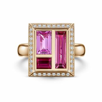 Chocolate Box Rose cocktail ring  in rose gold, pink sapphire, ruby and rubellite