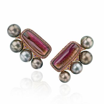 Fijian pearl and watermelon tourmaline earrings