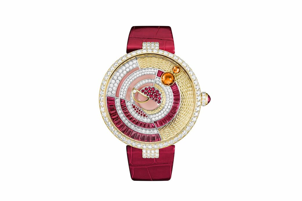 Chaumet Under the Sun” Creative Complication mechanical Swiss watch from the Ondes et Merveilles High Jewellery collection in gold, diamond and rubellite