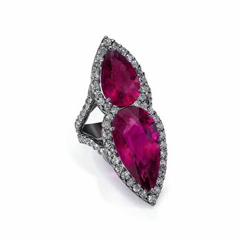 Kissing ring in rhodium, gold, rubellite and diamond