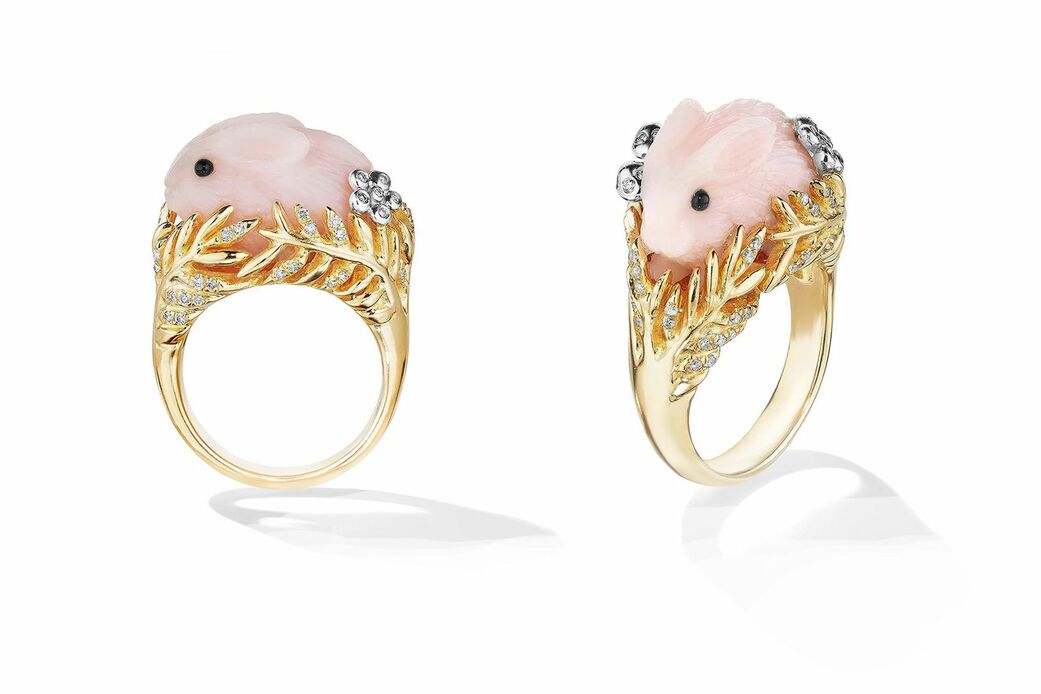Wonderland Pink Opal Bunny ring in gold, hand-carved light pink opal and diamond