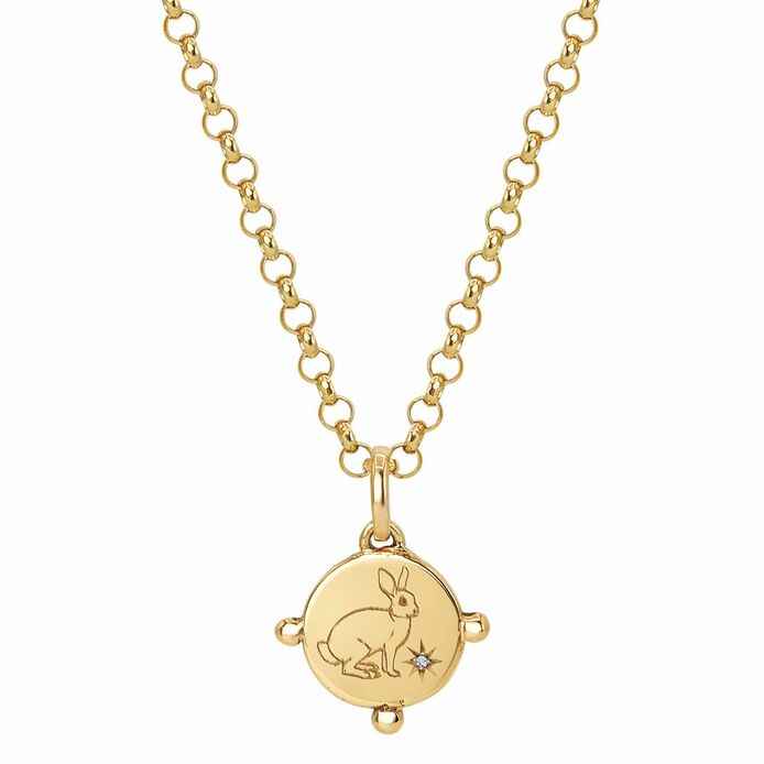 Engraved Rabbit pendant and Belcher chain in Gold and diamond